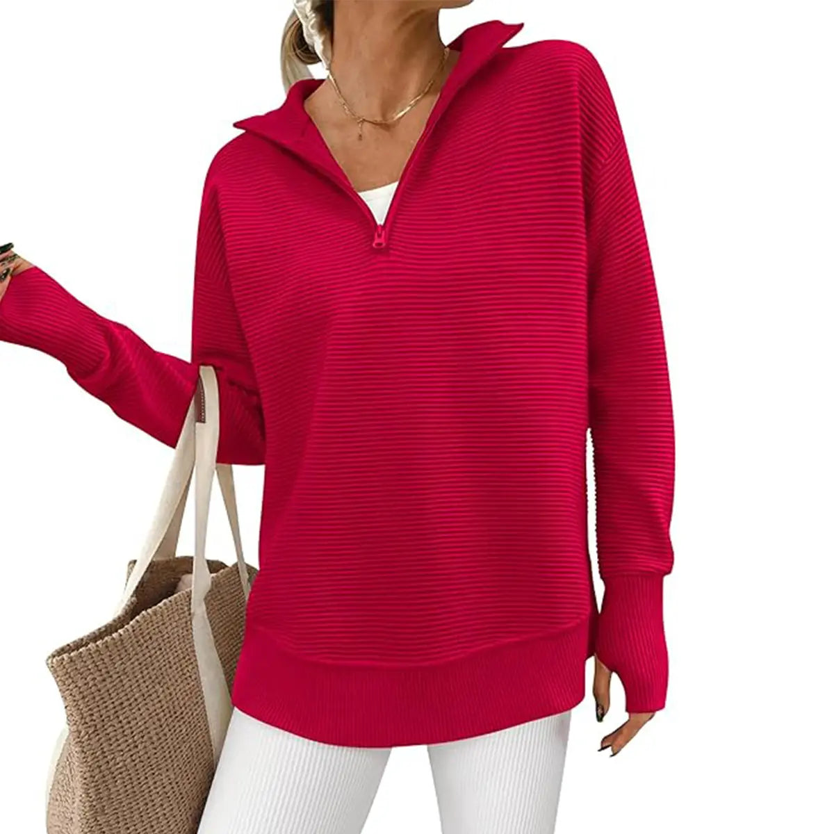 Women's Quarter Zip Pullover Sweater Long Sleeve Collared V Neck Ribbed Knit Top Loose Casual Jumper with Thumb Holes