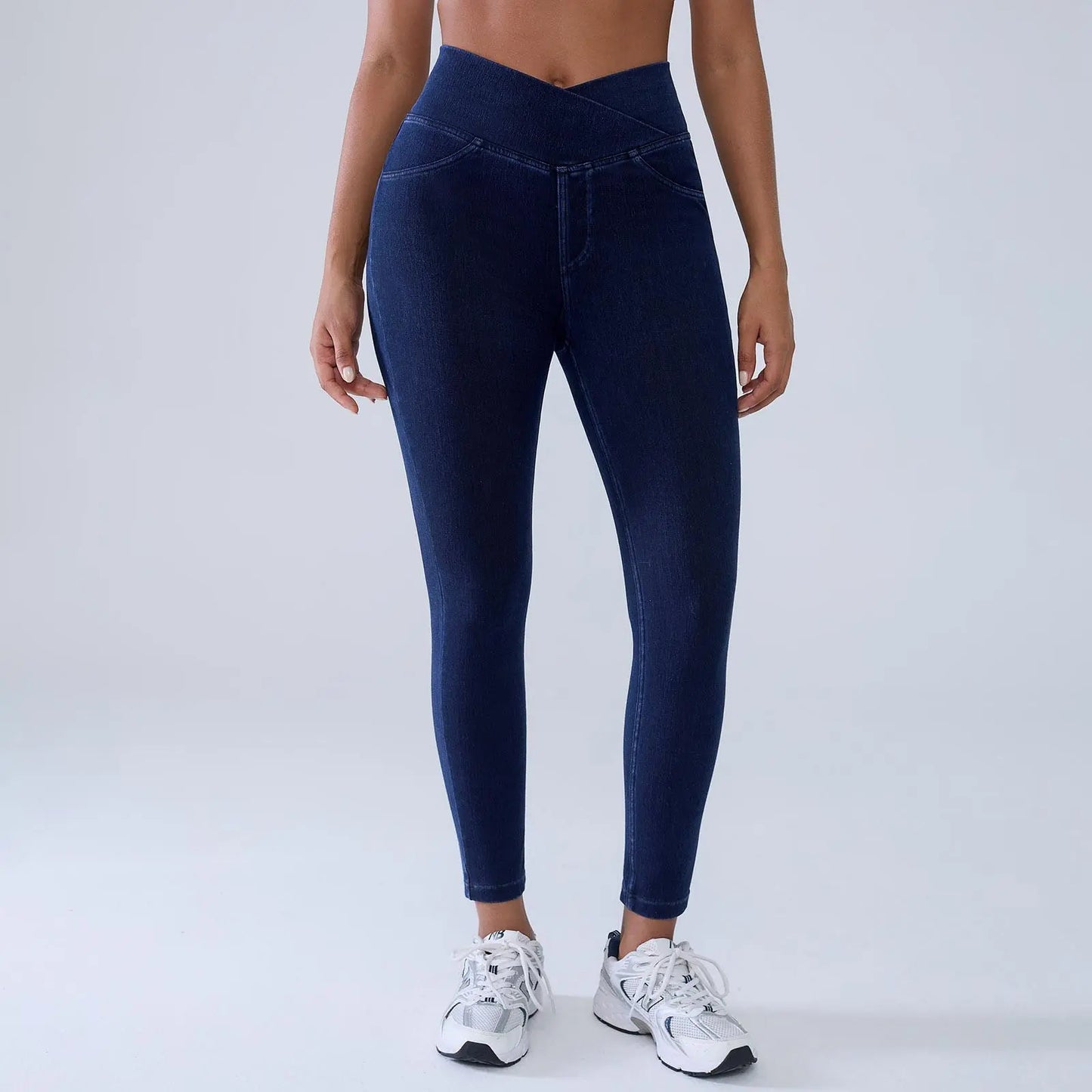 Women's High-Waisted Stretch Jeans with Crossover Design — Slim-Fit Flared Denim Leggings