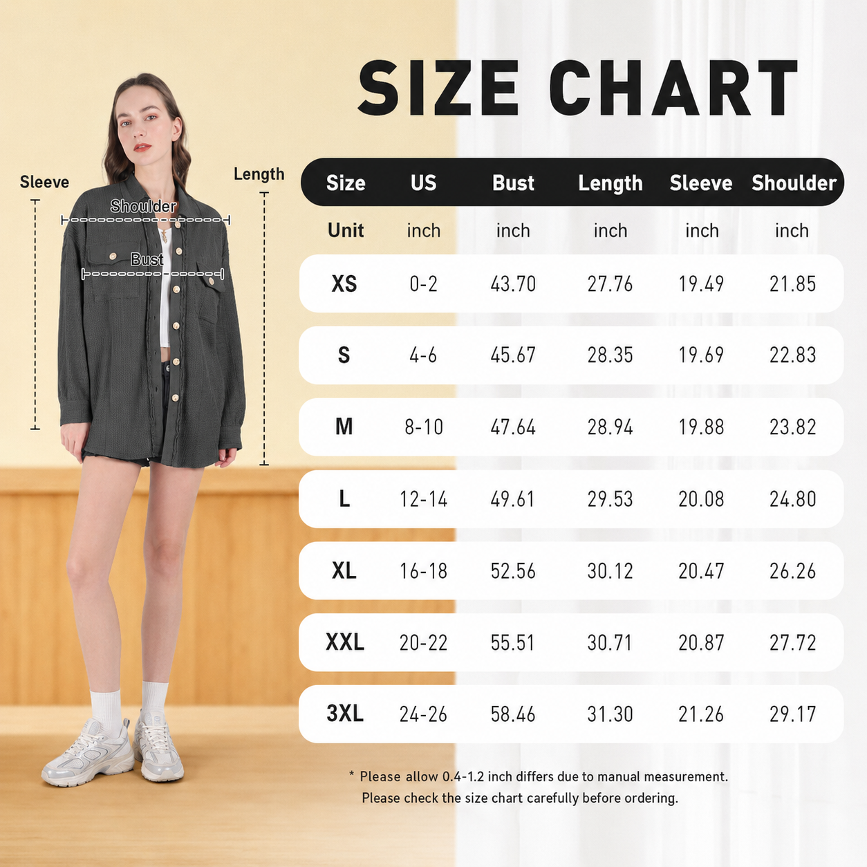 Women's Loose Fit Batwing Sleeve Waffle Knit Button Down Shacket Top