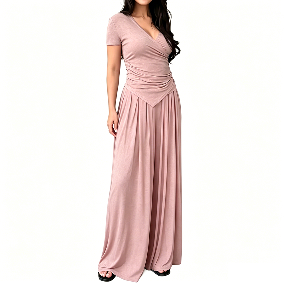 Women's 2-Piece Elegance Set - V-neck wrap top and high-waisted wide-leg trousers set