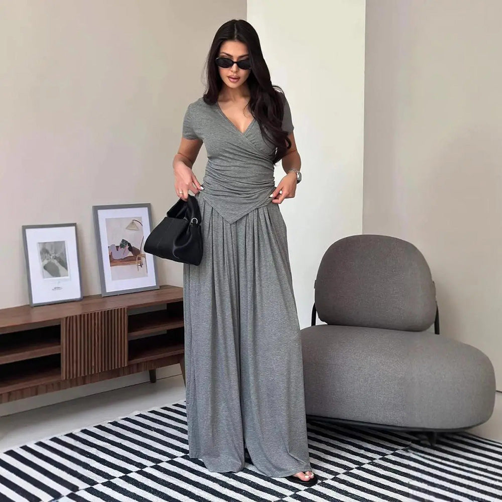 Women's 2-Piece Elegance Set - V-neck wrap top and high-waisted wide-leg trousers set