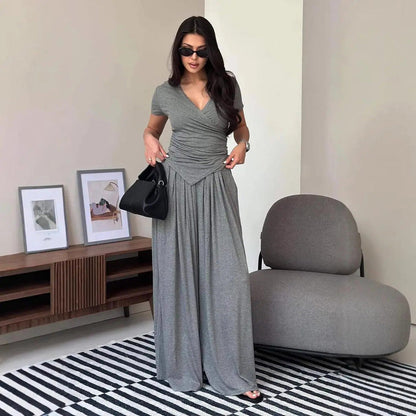 Women's 2-Piece Elegance Set - V-neck wrap top and high-waisted wide-leg trousers set