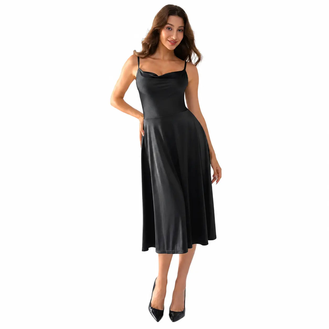 Shapewear Strappy Cowl Neck Fit & Flare Midi Dress With Built-in Bra