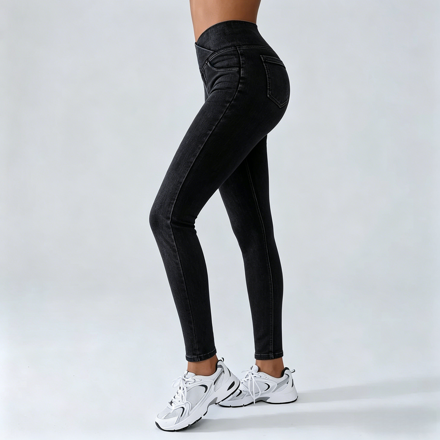 Women's High-Waisted Stretch Jeans with Crossover Design — Slim-Fit Flared Denim Leggings