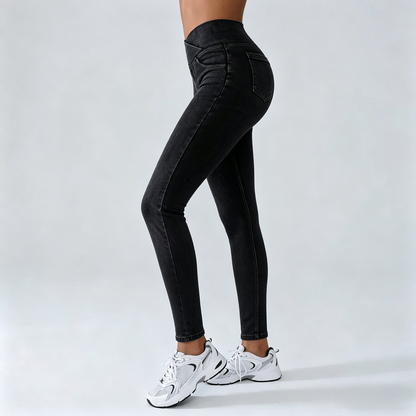 Women's High-Waisted Stretch Jeans with Crossover Design — Slim-Fit Flared Denim Leggings