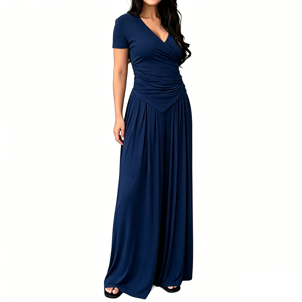 Women's 2-Piece Elegance Set - V-neck wrap top and high-waisted wide-leg trousers set