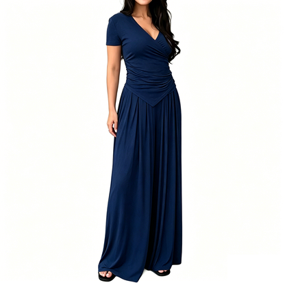Women's 2-Piece Elegance Set - V-neck wrap top and high-waisted wide-leg trousers set