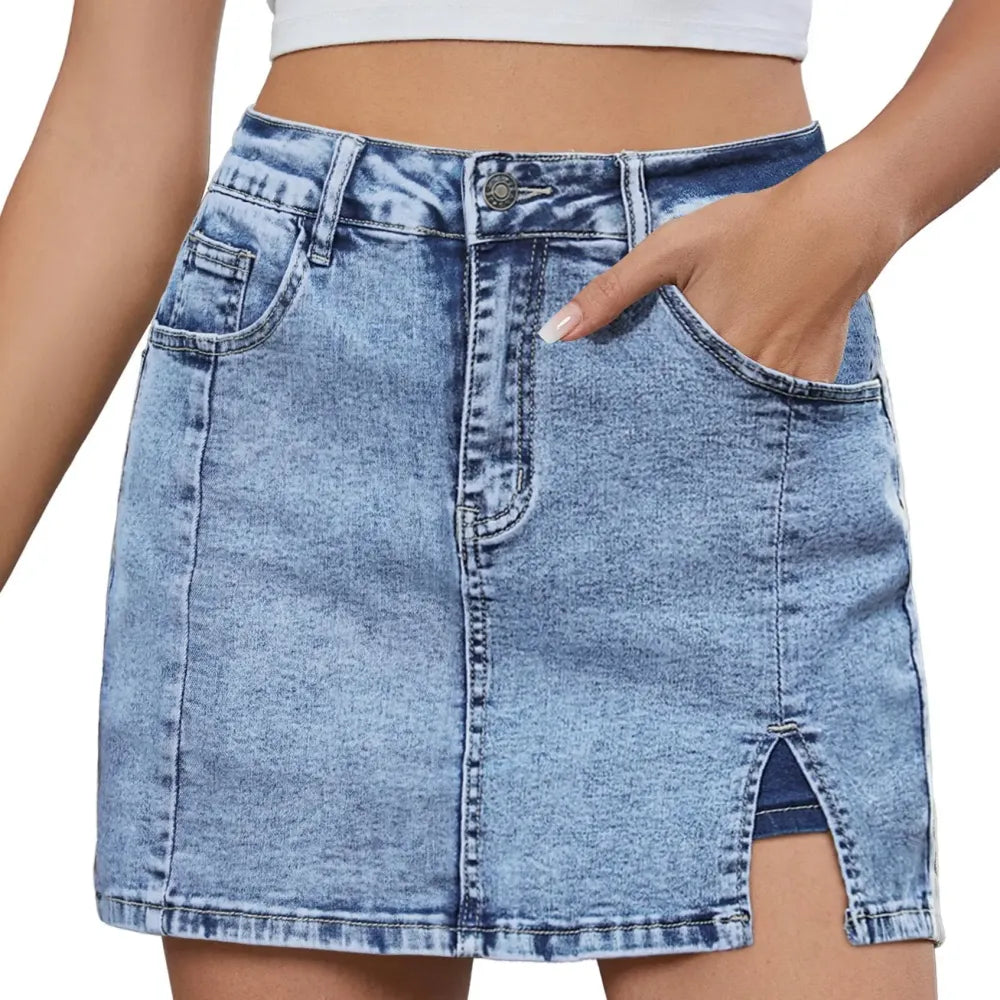 💝Women's Minimalist High-Waisted Denim Mini Skirt Shorts with Side Slit