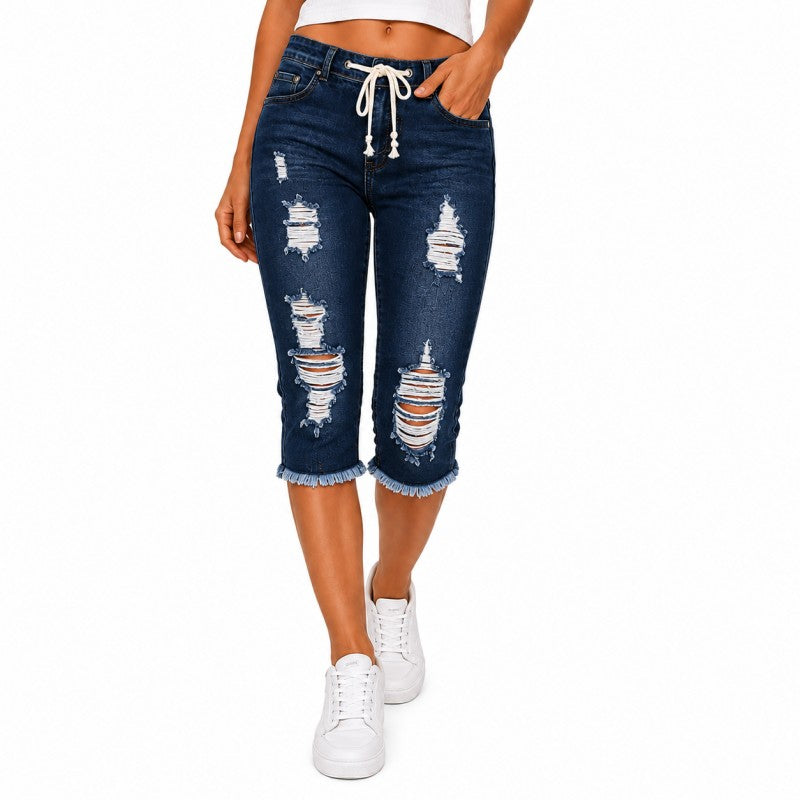 Fashion Distressed Ripped Capri Jeans Plus Size Casual High-Waisted Drawstring Waist Denim Cropped Pants + Lace cutout top