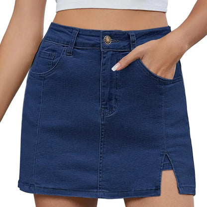💝Women's Minimalist High-Waisted Denim Mini Skirt Shorts with Side Slit