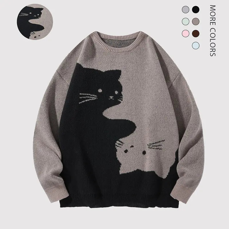 Cute Cartoon Cat Print Oversized Sweater, Unisex Casual Long Sleeve Knit Pullover for Fall & Winter