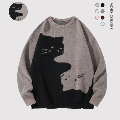 Cute Cartoon Cat Print Oversized Sweater, Unisex Casual Long Sleeve Knit Pullover for Fall & Winter