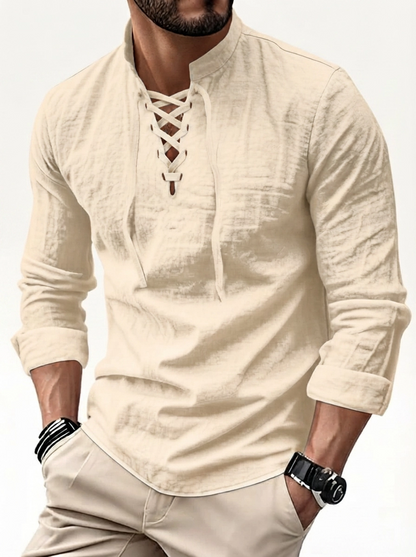 Men's Linen Casual Long Sleeve Polo Shirt