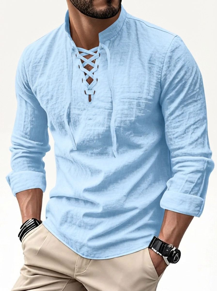 Men's Linen Casual Long Sleeve Polo Shirt