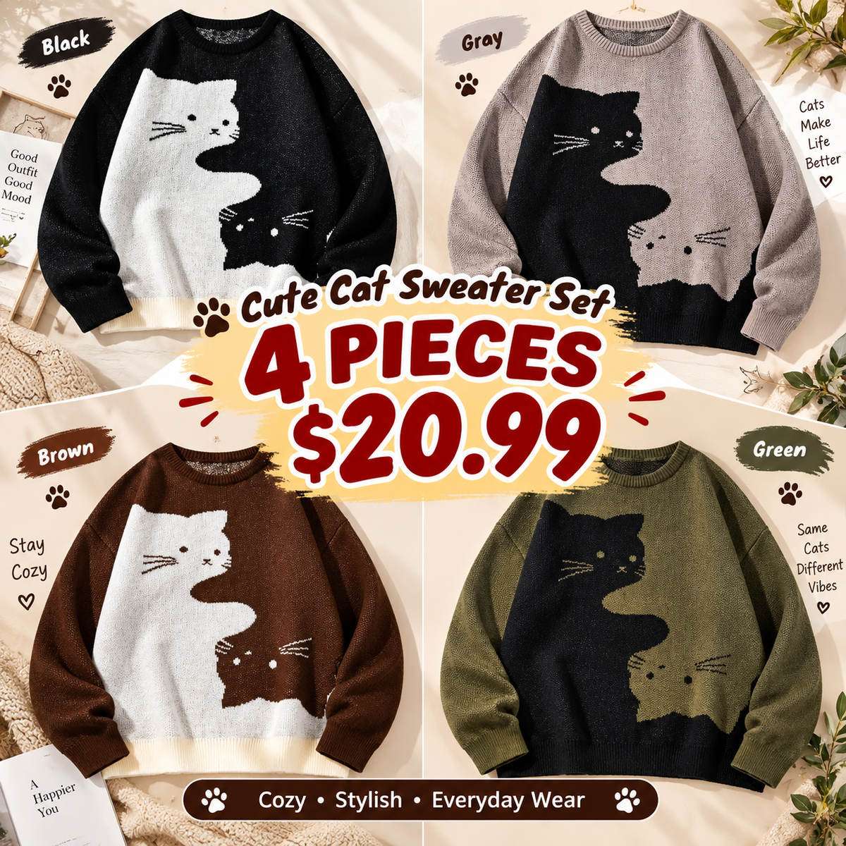 Cute Cartoon Cat Print Oversized Sweater, Unisex Casual Long Sleeve Knit Pullover for Fall & Winter