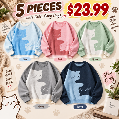 Cute Cartoon Cat Print Oversized Sweater, Unisex Casual Long Sleeve Knit Pullover for Fall & Winter