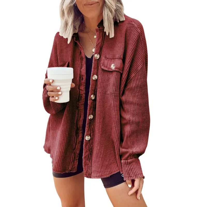 Women's Loose Fit Batwing Sleeve Waffle Knit Button Down Shacket Top