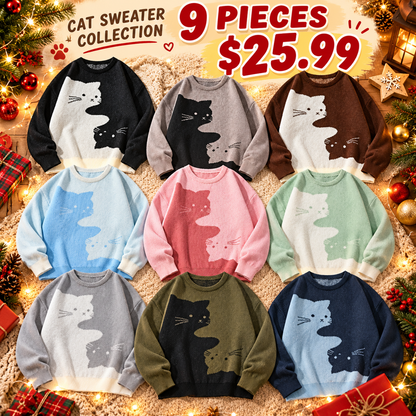 Cute Cartoon Cat Print Oversized Sweater, Unisex Casual Long Sleeve Knit Pullover for Fall & Winter