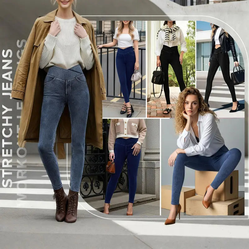 Women's High-Waisted Stretch Jeans with Crossover Design — Slim-Fit Flared Denim Leggings