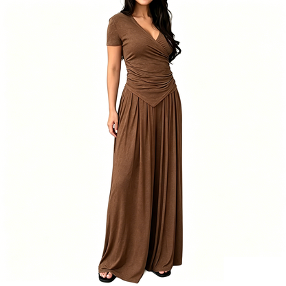 Women's 2-Piece Elegance Set - V-neck wrap top and high-waisted wide-leg trousers set