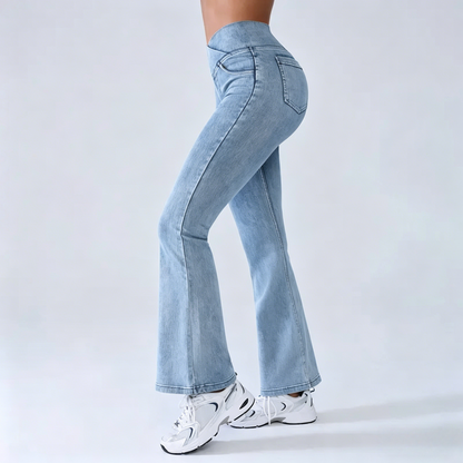 Women's High-Waisted Stretch Jeans with Crossover Design — Slim-Fit Flared Denim Leggings