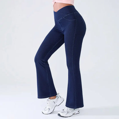 Women's High-Waisted Stretch Jeans with Crossover Design — Slim-Fit Flared Denim Leggings