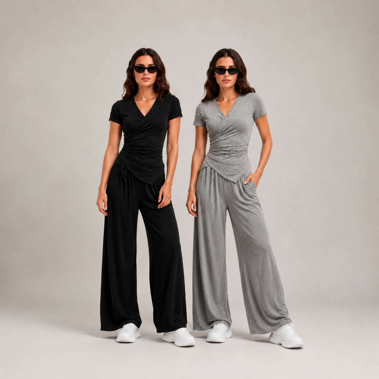 Women's 2-Piece Elegance Set - V-neck wrap top and high-waisted wide-leg trousers set