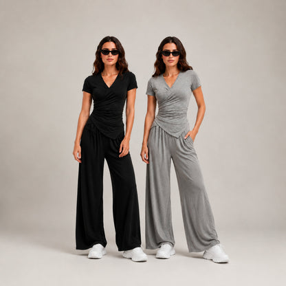 Women's 2-Piece Elegance Set - V-neck wrap top and high-waisted wide-leg trousers set