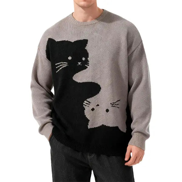 Cute Cartoon Cat Print Oversized Sweater, Unisex Casual Long Sleeve Knit Pullover for Fall & Winter