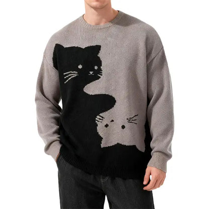 Cute Cartoon Cat Print Oversized Sweater, Unisex Casual Long Sleeve Knit Pullover for Fall & Winter