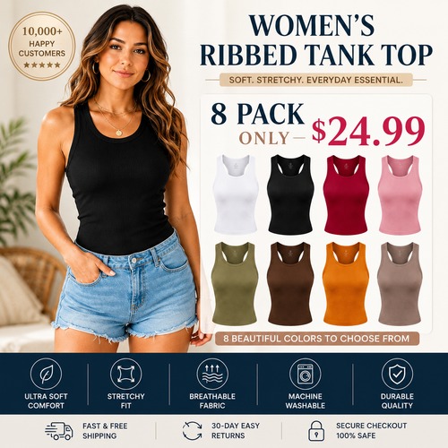 Summer Special Sale🍃Round Neck Built-in Bra Ribbed Tank Top Fit Casual Comfortable💥