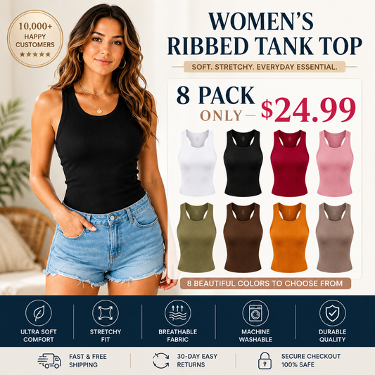 Summer Special Sale🍃Round Neck Built-in Bra Ribbed Tank Top Fit Casual Comfortable💥