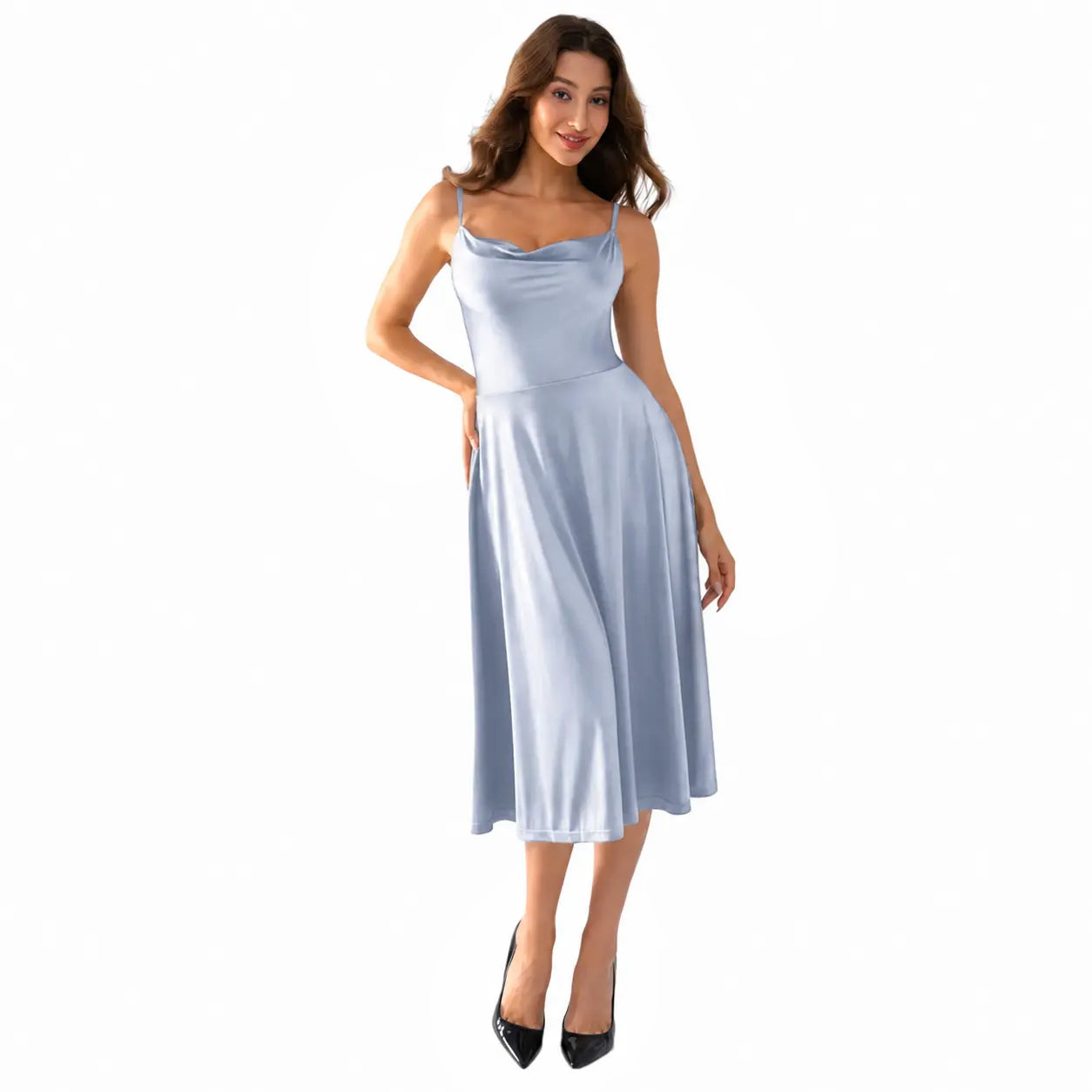 Shapewear Strappy Cowl Neck Fit & Flare Midi Dress With Built-in Bra