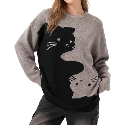 Cute Cartoon Cat Print Oversized Sweater, Unisex Casual Long Sleeve Knit Pullover for Fall & Winter