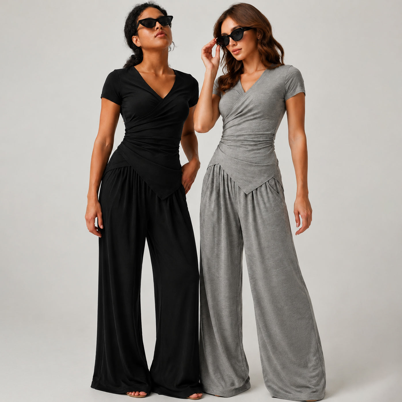 Women's 2-Piece Elegance Set - V-neck wrap top and high-waisted wide-leg trousers set