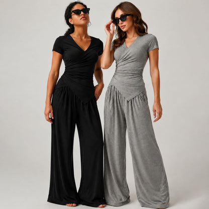 Women's 2-Piece Elegance Set - V-neck wrap top and high-waisted wide-leg trousers set