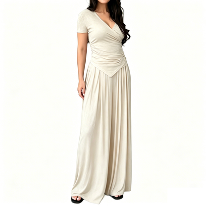 Women's 2-Piece Elegance Set - V-neck wrap top and high-waisted wide-leg trousers set