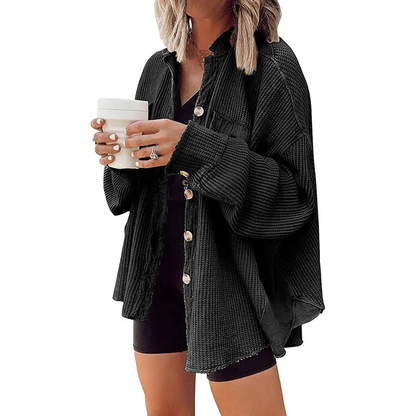 Women's Loose Fit Batwing Sleeve Waffle Knit Button Down Shacket Top