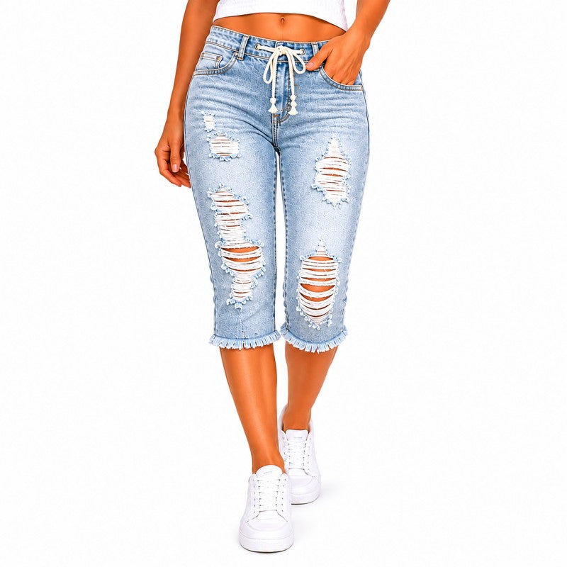 Fashion Distressed Ripped Capri Jeans Plus Size Casual High-Waisted Drawstring Waist Denim Cropped Pants + Lace cutout top