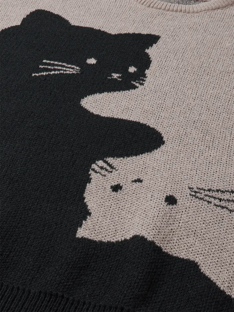 Cute Cartoon Cat Print Oversized Sweater, Unisex Casual Long Sleeve Knit Pullover for Fall & Winter