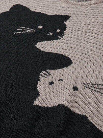 Cute Cartoon Cat Print Oversized Sweater, Unisex Casual Long Sleeve Knit Pullover for Fall & Winter