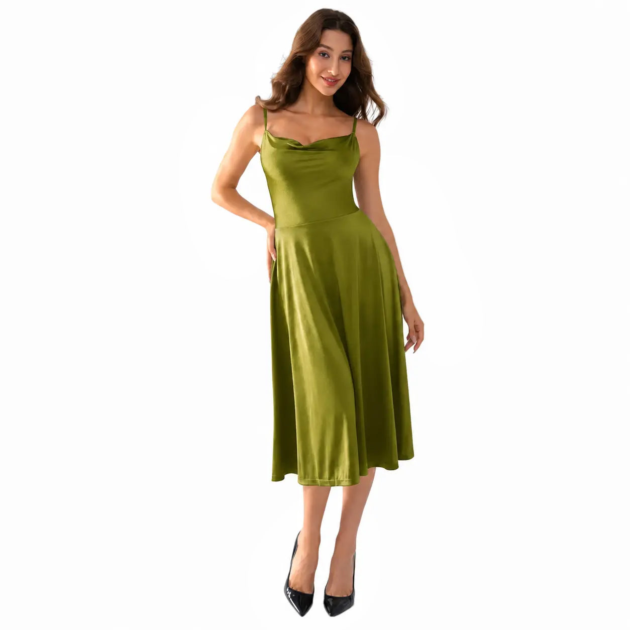 Shapewear Strappy Cowl Neck Fit & Flare Midi Dress With Built-in Bra