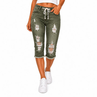 Fashion Distressed Ripped Capri Jeans Plus Size Casual High-Waisted Drawstring Waist Denim Cropped Pants + Lace cutout top