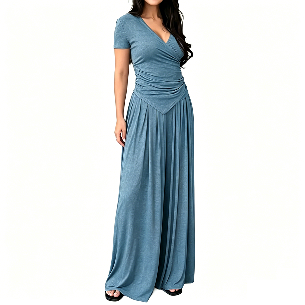 Women's 2-Piece Elegance Set - V-neck wrap top and high-waisted wide-leg trousers set