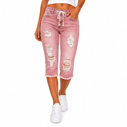 Fashion Distressed Ripped Capri Jeans Plus Size Casual High-Waisted Drawstring Waist Denim Cropped Pants + Lace cutout top