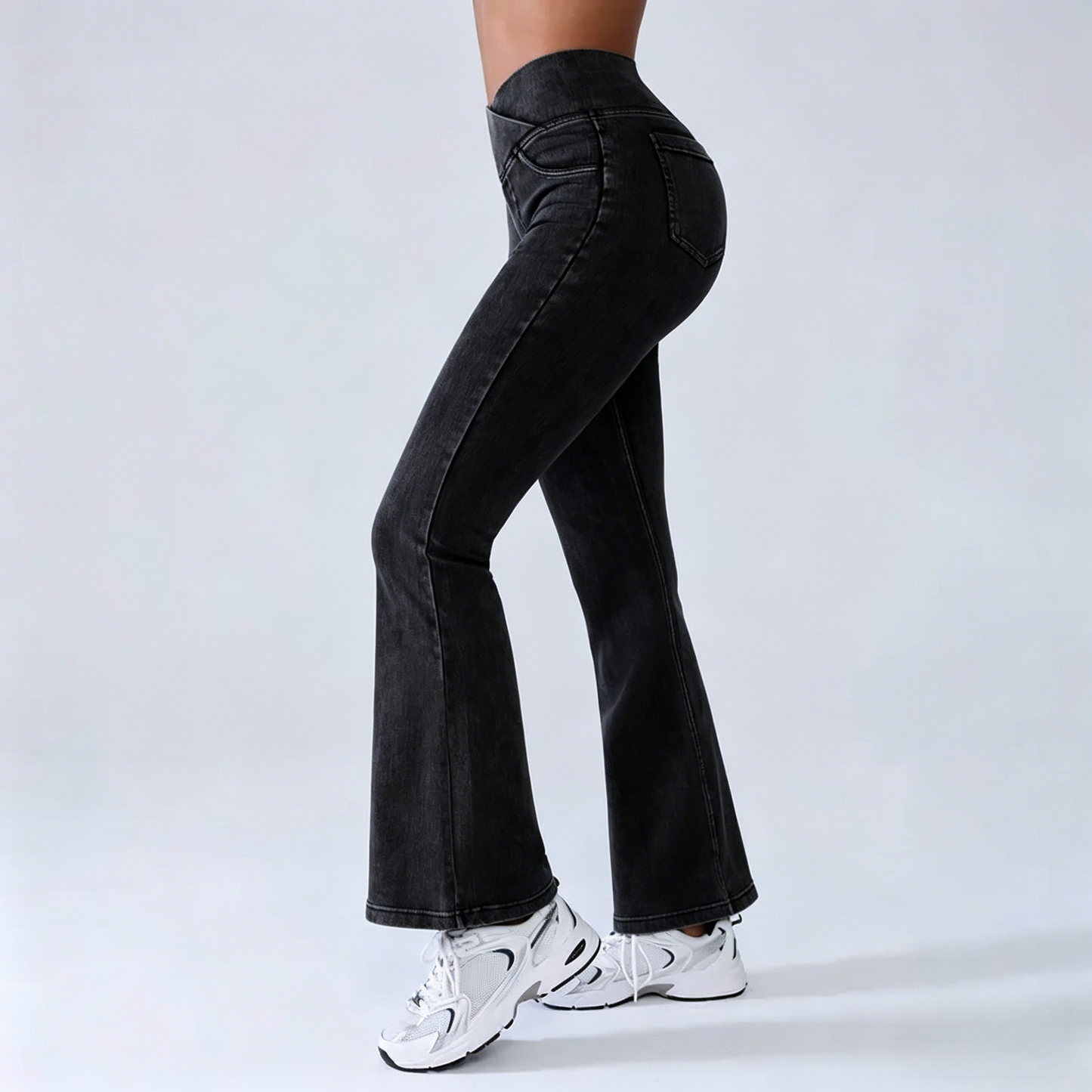 Women's High-Waisted Stretch Jeans with Crossover Design — Slim-Fit Flared Denim Leggings