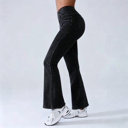 Women's High-Waisted Stretch Jeans with Crossover Design — Slim-Fit Flared Denim Leggings
