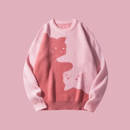 Cute Cartoon Cat Print Oversized Sweater, Unisex Casual Long Sleeve Knit Pullover for Fall & Winter