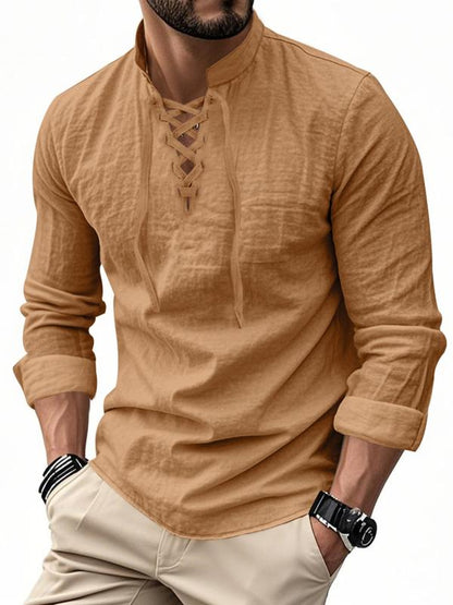 Men's Linen Casual Long Sleeve Polo Shirt