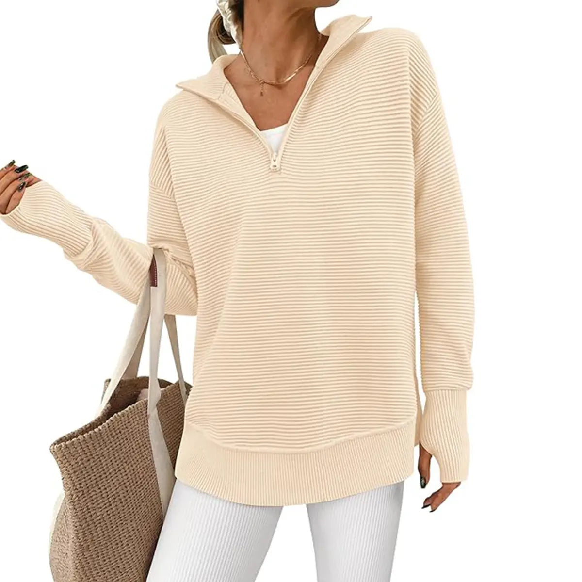Women's Quarter Zip Pullover Sweater Long Sleeve Collared V Neck Ribbed Knit Top Loose Casual Jumper with Thumb Holes